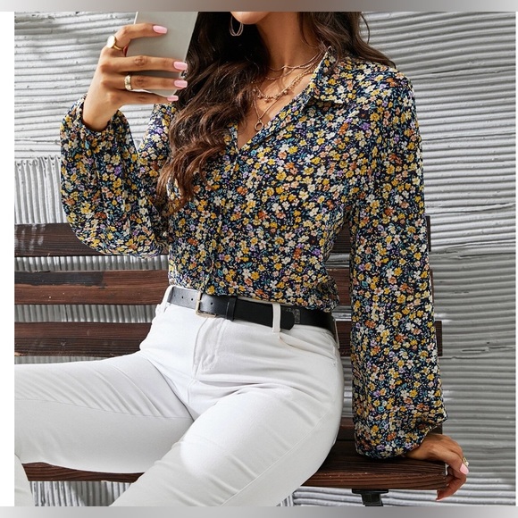 Boho Ditsy Floral Print Long Sleeve Shirt - Picture 3 of 6